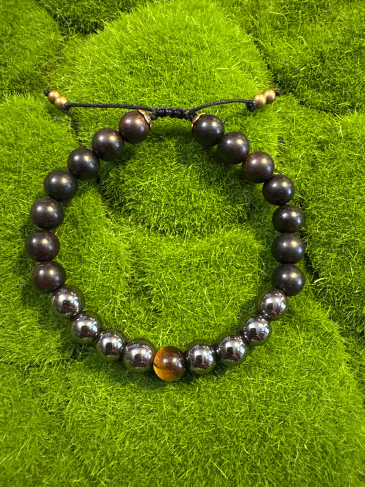8mm Hematite, Tigers Eye and Ebony Wood Bracelet