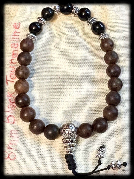8mm Black Tourmaline/Wood Bracelet